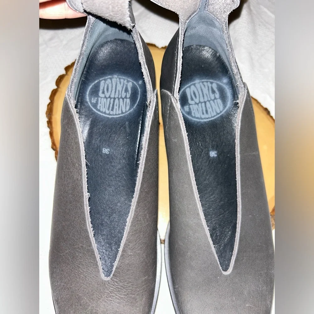 LOINTS of HOLLAND Selena Gray Leather Ankle Strap Wedge Heel Shoes Sz 38